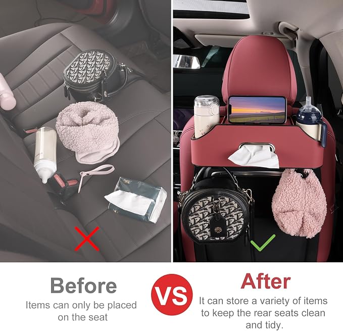 Car Rear Backseat Extra Multifunctional Drink Cup Holder Organizers with Tissue Storage Box Organizer & Hooks for Car Seat Back. Red