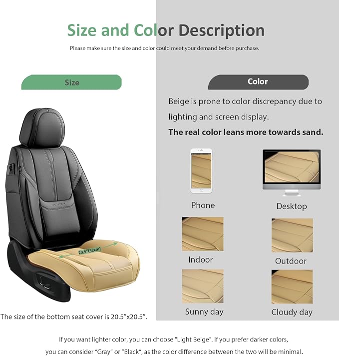 2 Pack Front Car Seat Cover Bottom Only Faux Leather, Anti-Slip Padded Seat Cushion, Full Wrap Seat Protector with Storage Function Fit 95% Cars, SUV, Pick-up Trucks (Beige)