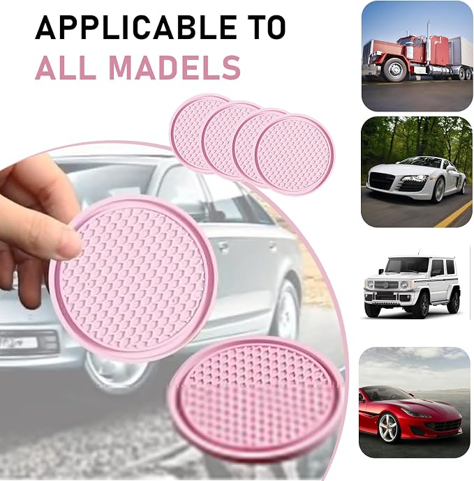 Car Cup Coaster, Universal Non-Slip Cup Holder Coasters for Car, Honeycomb Embedded Decorative Silicone Coasters, Cars Interior Decorative Accessories (Pink)