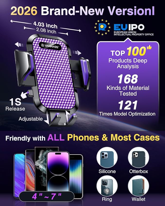 VANMASS [True Military-Grade] Car Phone Holder [Upgraded Suction & Clip] Cell Phone Mount for Dashboard Windshield Vent Truck Cradle Dash Stand for iPhone 16 Pro Max 15 14 13 12 Android, Purple