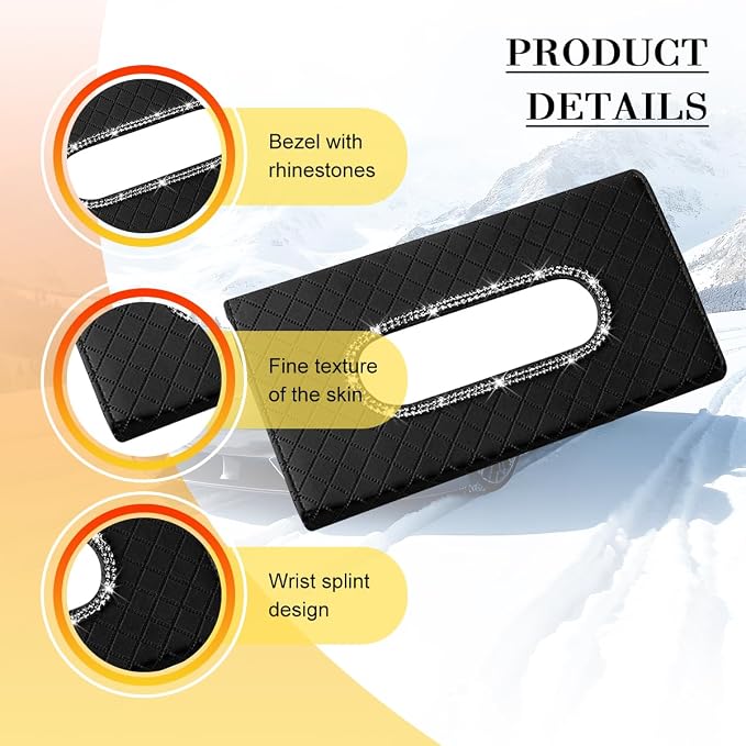 Bling Car Visor Tissue Holder, Crystal Rhinestones Vehicle Sun Visor Hanging Napkin Organizer Case with Ergonomic Take Out Port, Automotive Interior Tissue Dispenser, Universal Fit (Black)