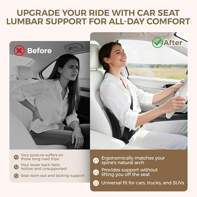 BEBAS Lumbar Support Pillow for Car, Memory Foam Lower Back Support for Driving, Ergonomic Lumbar Cushion for Back Pain Relief, Fixed Ring Lumbar Pillow for Car Seat, Office Chair- BlackGray