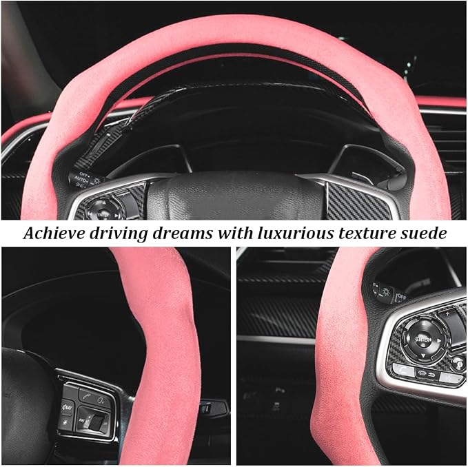 Car Steering Wheel Cover, Soft Brethable Suede Non-Slip Vehicle Steering Wheel Protector, Comfortable Sporty Auto Interior Protection Accessories, Universal for Truck SUV Van (Light Pink)