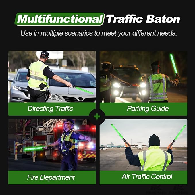 RoadHero 1 Pack 21 Inch Traffic Wands, Green Led Traffic Control Baton, Night Safety Light Wand with 2 Flashing Modes, Air Marshaling Signal Wand with Side Clip for Airport, Parking, Car Directing