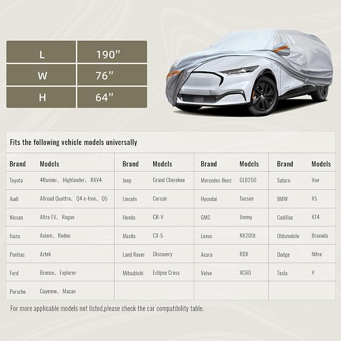 TUCAREST 6 Layers Full Car Cover for SUV- Waterproof, Insulated, Anti-UV, Snow-Proof, Anti-Wind, All-Weather, Thickened Protection, up to 190 in