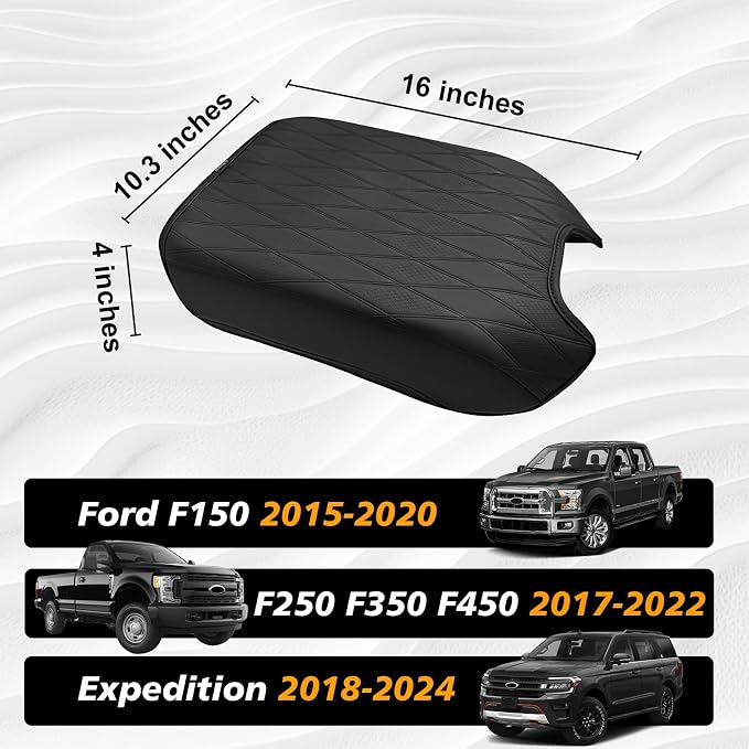 Muslogy Center Console Armrest Cover Fit for Ford F150 2015-2020&F250 F350 F450 2017-2022&Expedition 2018-2024 Accessories, Armrest Pad Console Lid Cushion Vegan Leather Regular Thick (Bucket Seat,V2)