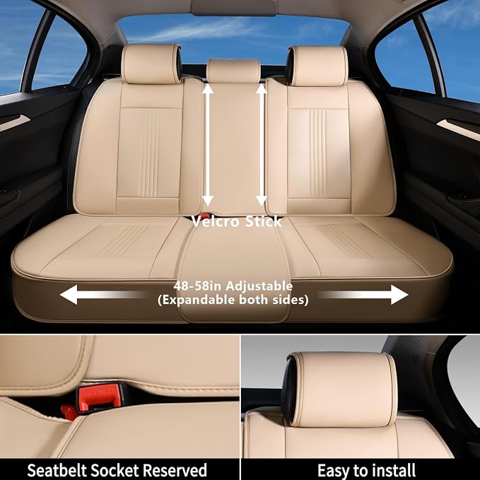 Coverado Seat Covers, Car Seat Covers Full Set, Beige Seat Cover, Front Seats Back Seat Cover, Waterproof Car Seat Cushion, Leather Car Seat Protector Universal Fit Most Cars