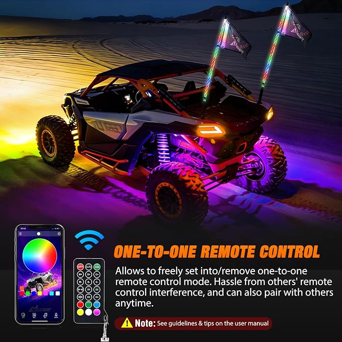 Nilight 2PCS 4FT RGB LED Whip Light with Spring Base and 6 PCS Rock Lights Combo, Remote App Control w/DIY Chasing Patterns Turn Signal Brake Reverse Antenna Lighted Whips for ATV UTV Polaris RZR Jeep