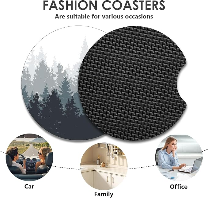 2 Pack Car Coasters，2.75-inch Neoprene Non-Slip Cup Holder Coasters for Car，Cute Car Interior Accessories for Men and Women，Ink Tree