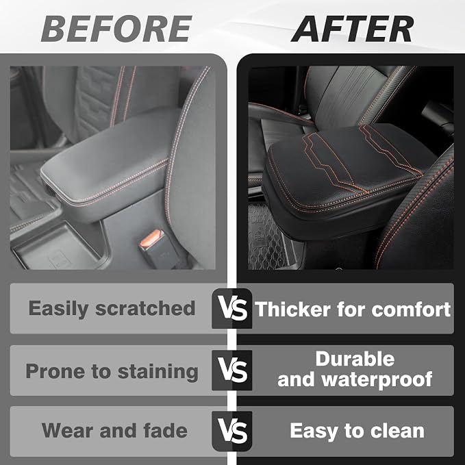 Muslogy Center Console Armrest Cover Fit for Nissan Frontier 2022-2025 2026 Accessories, Comfort Armrest Pad Console Lid Cushion Vegan Leather 1-Inch Extra Thick (V2 Orange Trim)