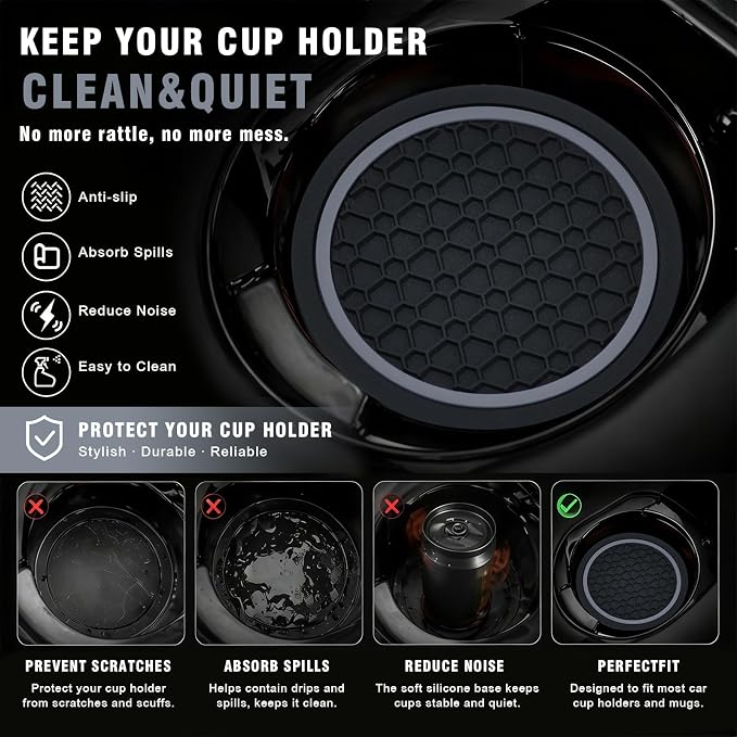 4PCS Car Cup Holder Coasters, 2.75 Inch Non-Slip Insert Water Bottle Holder Pads, Dustproof Automotive Interior Accessories Mat, Universal for Vehicles, Trucks, RVs and More (Grey)