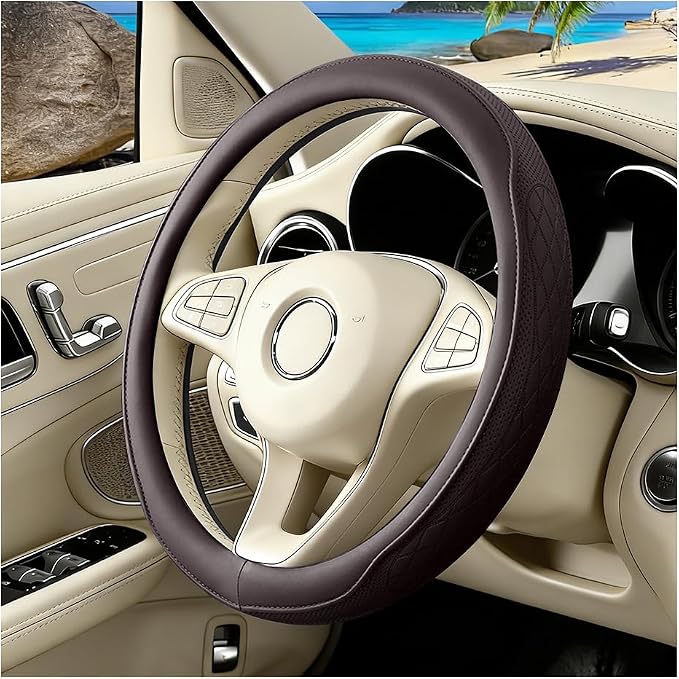Car Steering Wheel Cover, Breathable Anti-Slip Vehicle Steering Wheel Protector with Inner Ring, Automotive Interior Protective Accessories, Universal for SUV RV Truck (Coffee)