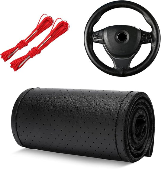 Genuine Leather Steering Wheel Cover, 15 Inch Stitch on Wheel Wrap with Needles & Threads, Breathable Steering Wheel Protector DIY Sewing Wrap for Car Truck SUV (Black, Full Hole)