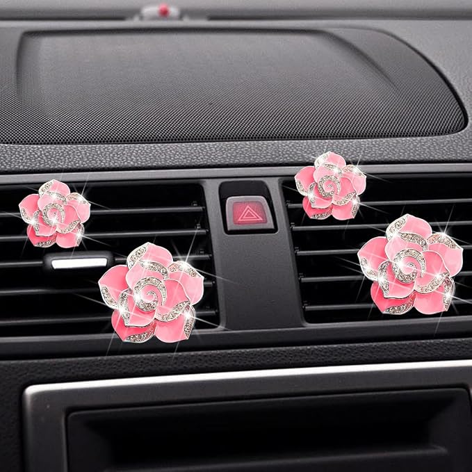 Osilly Bling Car Air Vent Clips, 4PCS/2Set Flower Rhinestone Vehicle Air Outlet Clamp, Sparkly Diamond Automotive Interior Vent Clip Charm Decor Accessories, Universal for SUV Truck RV (Rose Red)