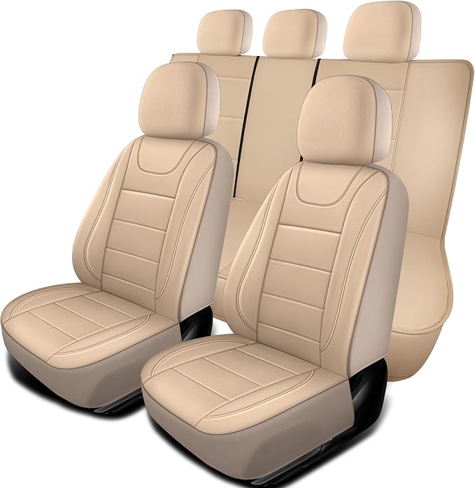 HChengkikz Car Seat Cover, Waterproof Faux Leather (Beige) | Car Seat Protectors, Quilting, Easy to install, Airbag Compatible, Universal Fit for Most Suvs, Trucks, SUVs