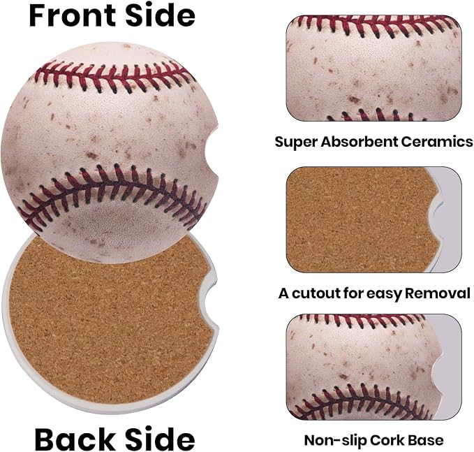 2 Pack Baseball Car Coasters for Men Women Car Cup Holder Coasters, 2.63 Inch Anti Slip Ceramic Absorbent Coaster with Cork Base and Finger Notch, Funny Car Accessories Interior