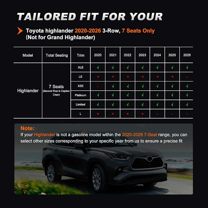 AOMSAZTO Seat Covers for Toyota Highlander 2020-2026 Full Set 3 Row 7 Seats | Custom Fit for Highlander W/Second Row Captain Chair, Full Coverage Faux Leather Car Seat Protector Compatible Airbag Black