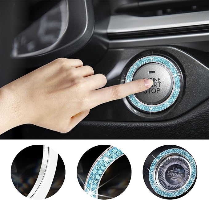 Kewucn 2 PCS Bling Crystal Double Rhinestone Car Engine Start Decoration Ring, Sparkling Push Start Button Sticker, Key Ignition & Knob Ring Decoration, Bling Car Interior Accessory(Lake Blue)