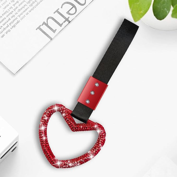 NBTEPEM Bling Heart Handle Ring Bling Car Accessories for Women Handle Strap Drift Charm Rear Bumper Warning Ring Tsurikawa Heart Decor for Car Interior Exterior Decoration (Red, Heart Style)