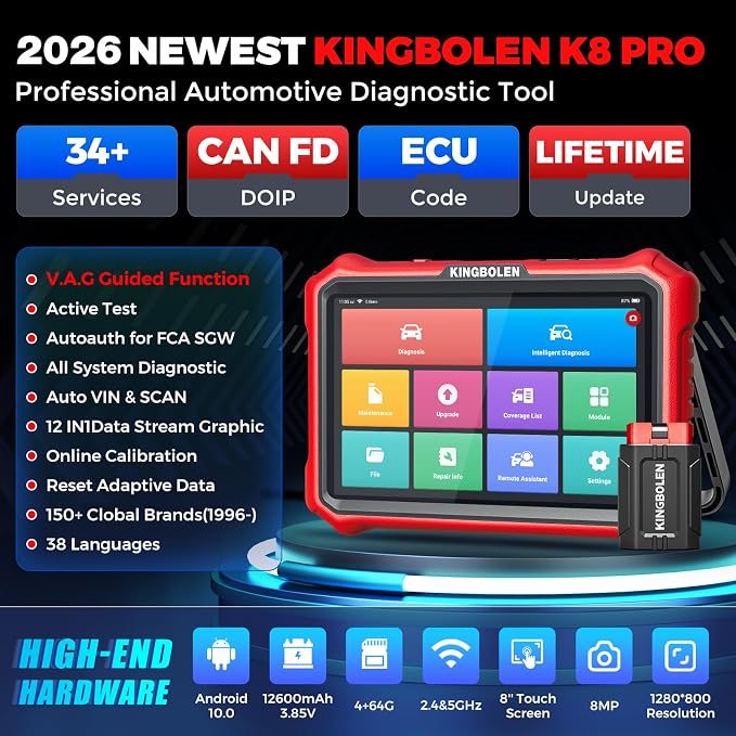 KINGBOLEN K8 Pro 8-Inch Bidirectional Bluetooth OBD2 Diagnostic Scanner | Lifetime Software Updates, All Systems Scan,34+ Resets, CAN FD & DoIP, ECU Code, V.A.G Guide, FCA AutoAuth, No Subscription