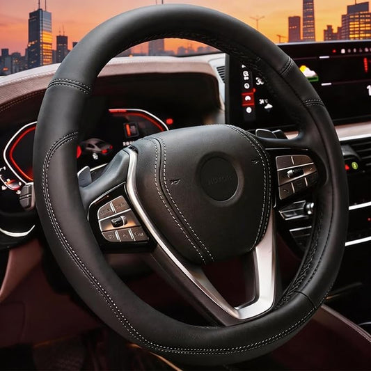 HOTOR Car Steering Wheel Cover - Universal Car Accessory for Diverse Cars, Leather Cover with Anti-Slip Lining, for Steering Wheel with a Diameter of 14.5"-15",Black
