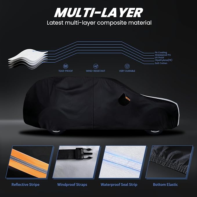 Multi-Layer Car Cover Custom Fit for Toyota Highlander(2001-2026), 100% Waterproof All Weather for Automobiles, Gift with Towel, Heavy Duty Car Covers for Rain Sun UV Protection with Door Zipper