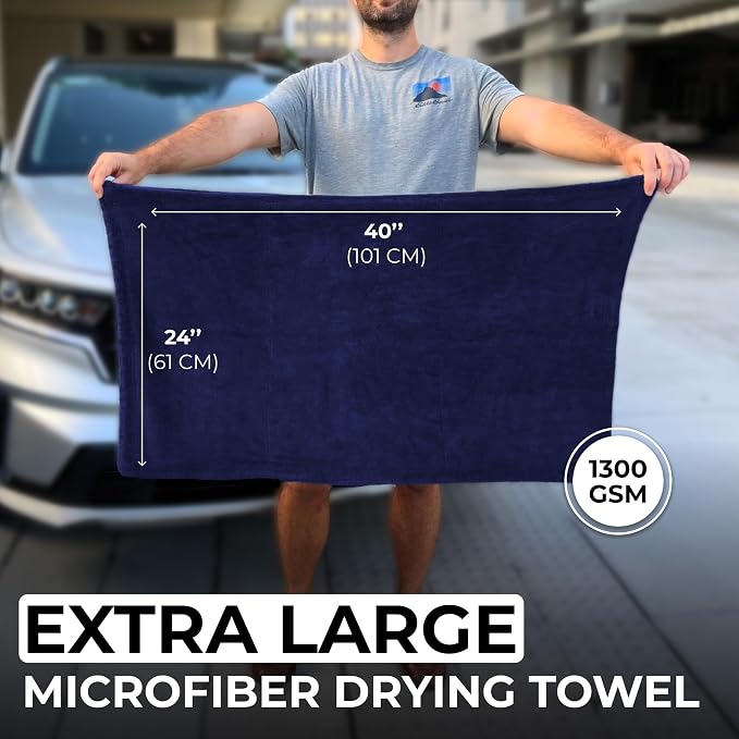 Premium XL Car Drying Towel 40"x24" - 1300 GSM Car Towel, 4-Pack (Navy) | Extra Large Professional Drying Towels Car Detailing, Double Twisted Loop Super Absorbent Microfiber Drying Towels for Cars
