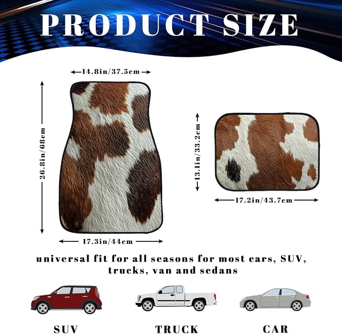 Cow Car Floor Mats Set of 4 Skin Brown White Spot Natural Texture Carpet Front Rear Carpets Mat Non-Slip Auto Car Accessories Universal Fit Car Accessories for Truck