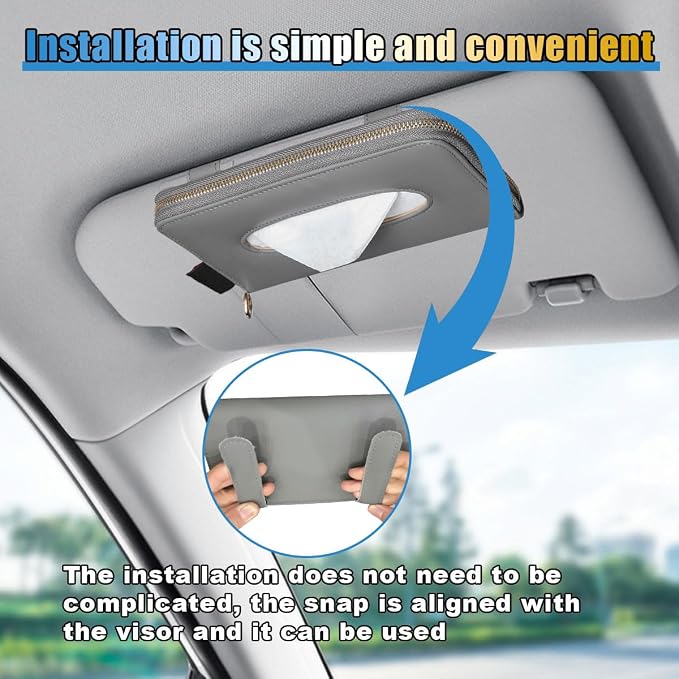 Car Tissue Holder, Car Sun Visor Tissue Box Holder, Car Backseat Paper Carton, Leather Car Tissue Napkin Case, Universal Car Hanging Paper Towel Clip for SUV, RV, Truck (Grey)