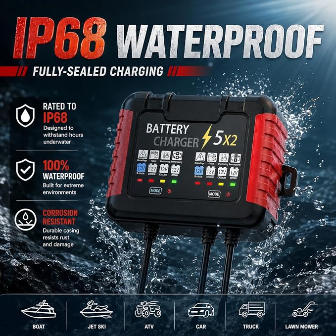 12V 2-Bank Onboard Battery Charger, 10A 5A Per Channel IP68 Waterproof Charger, 6-Stage Trickle Charger with Battery Maintainer & Desulfator for AGM Lithium Calcium Battery for Car RV Boat