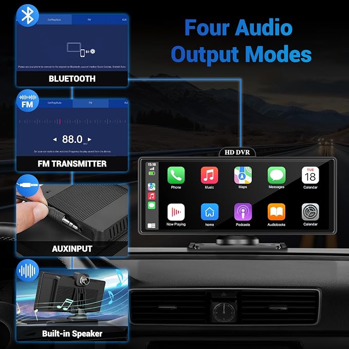 10.26" Wireless Apple Carplay Screen for Car with 4K Dash Cam | Apple Carplay & Android Auto, Touchscren with 1080p Backup Camera, Mirror Link/Voice Control/Music Play/GPS Navigation