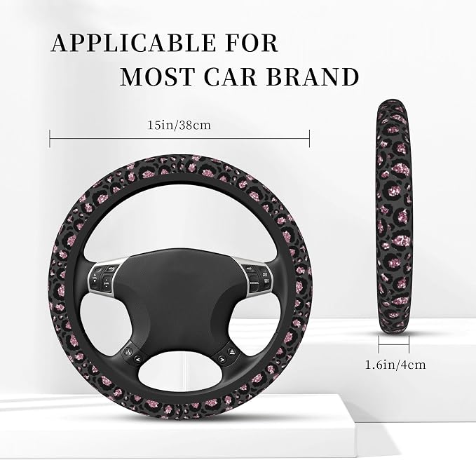 Steering Wheel Cover Universal Fit Car Interior Accessories for Women Men 15 Inch Breathable Anti Slip Odorless Neoprene Steering Wheel Cover for Car Decor Protector - Black Pink Leopard 005