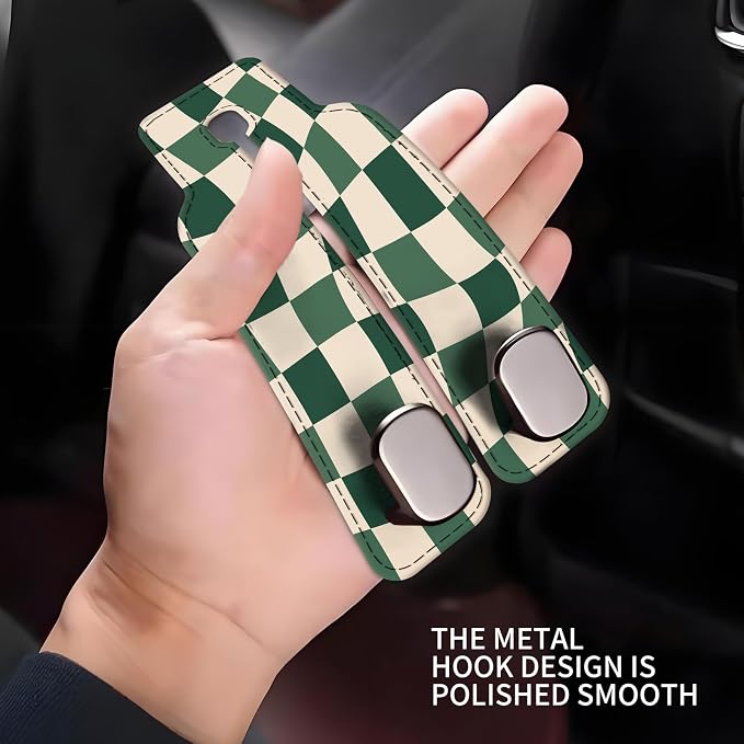 Car Seat Headrest Hook, Universal Leather Cute Hanger Holder Hook, Storage Organizer Interior Accessories for Purse Bags Handbag Luxury Green Plaid