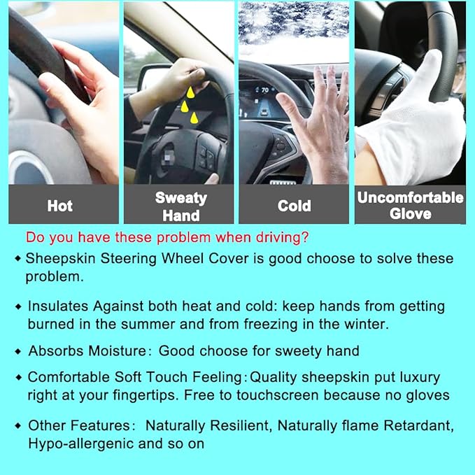 Soft Fluffy Wool Sheepskin car Steering Wheel Cover for Girls Women Universal car 14 1/2-15 1/2inchs (Claret)