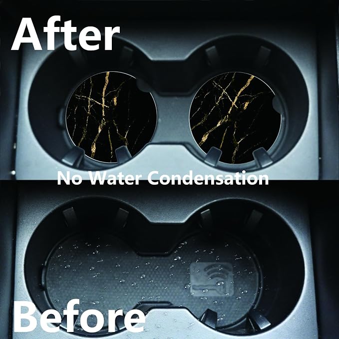 2pcs Black Marble Pattern Car Coasters,Absorbent Universal neoprener Cup Holder Coasters with a Finger Notch,Car Accessories for Women&Man Interior，2.75"