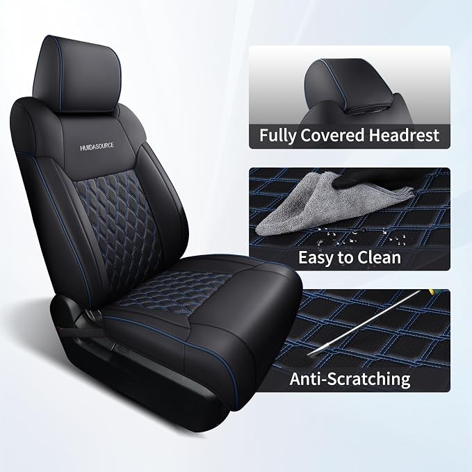 Huidasource Seat Covers for Dodge Ram 2019-2025 RAM 1500 2500 3500 Crew/Mega Cab, Waterproof Ram Leather Seat Covers Full Set, Front & Rear Ram Truck Seat Cushion Covers (Full Set/Black&Blue)
