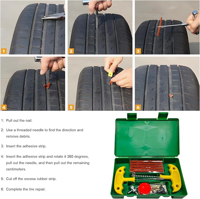 33 PCS Tire Repair Kit, Heavy Duty Car Emergency Tools to Fix Punctures and Plug Flats Patch, Universal Tire Puncture Repair Tool for Most Cars Motorcycles Trucks Tractors