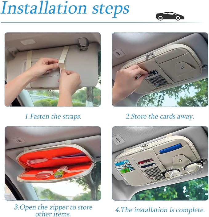 Car Sun Visor Organizer, Sunglass Holder and Storage Pocket, Card Cash Pouch with Multi-Pocket Net Zipper, Case Bag for License Pen Key, Auto Interior Accessories for Truck, SUV, Van (Blue)