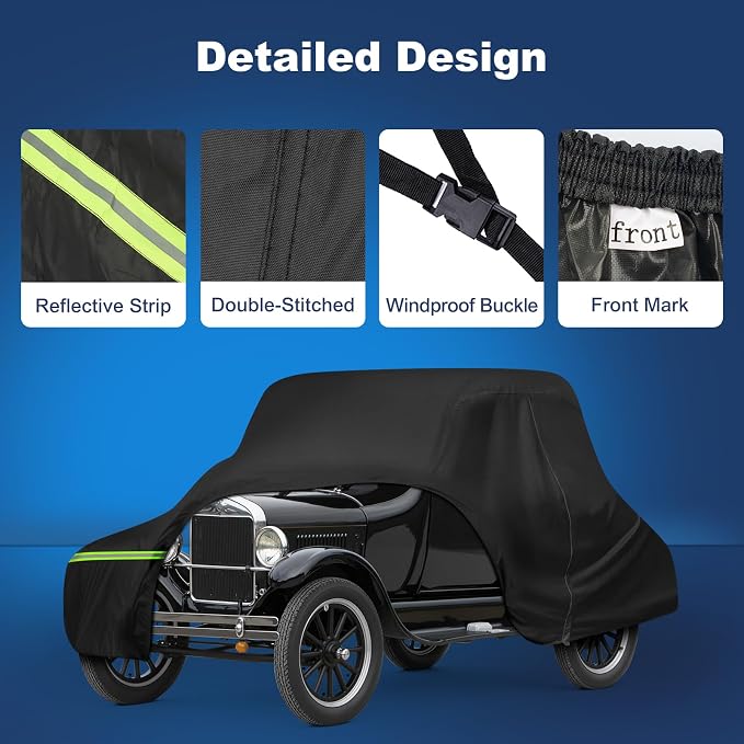 QUNSUNUS Car Cover for Ford Model T 1908-1927 Waterproof with Cotton Lining | Heavy 420D Oxford Outdoor All-Weather Model T Car Cover, with Zipper and Straps, for Dust, Sun, Wind Protection