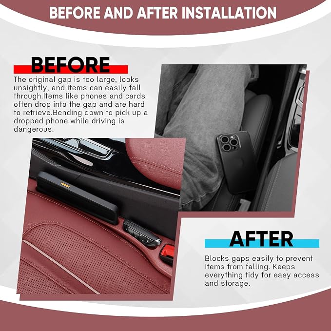 2PCS Car Seat Gap Filler Organizer, Upgrade Car Gap Filler with Fill and Storage Function for Storing Phones Keys Cards, Universal No Drop Seat Guard for Cars (Red)