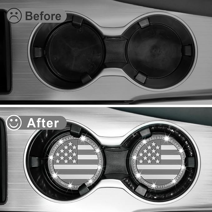 JUSTTOP Bling Car Cup Holder Coaster,4PCS American Flag Cup Holder Insert,Universal Non-Slip Cup Holders,Car Accessories Interior for Women and Man(Grey)