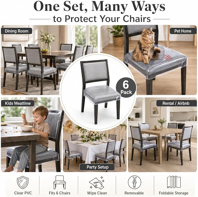 6 Pack Plastic Seat Covers for Dining Chairs, Plastic Chair Covers for Dining Chairs, PVC Seat Chair Protector, Waterproof Kitty Scratch Resistant Vinyl Chair Covers for Most 20-22 Inch Seats