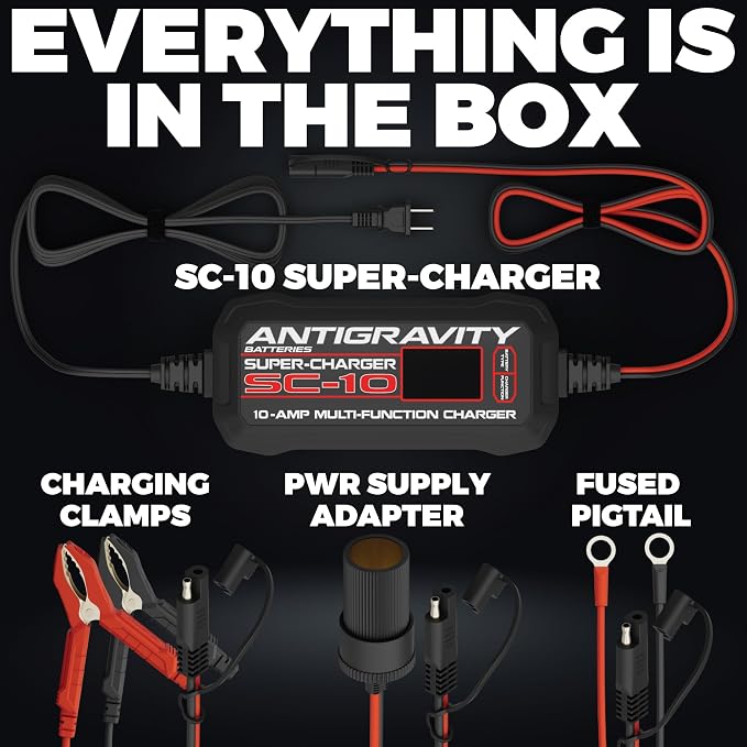 Antigravity SC-10 Super-Charger 10A Smart Battery Charger & Maintainer for 6V/12V Lithium (LiFePO4) & 12V Lead-Acid Batteries – Wall-Powered, LCD Display, Power Supply Mode, BMS Reset