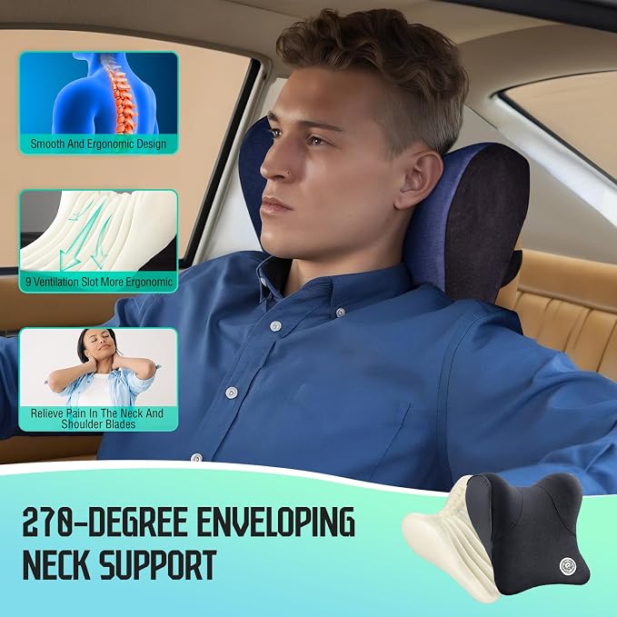 Car Neck Pillow for Driving Seat, Soft Memory Foam Headrest Pillow with Adjustable Strap and Removable Cover, Ergonomic Neck Support for Car, Office Chair, Gaming Chair – Black