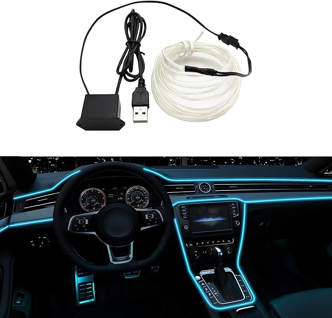 EL Wire Interior Car LED Strip Lights, LEDCARE 16.5FT USB Neon Glowing Strobing Electroluminescent Wire Strip with 6mm Sewing Edge, Ambient Lighting Kits for Car Inside Decoration (Ice Blue)