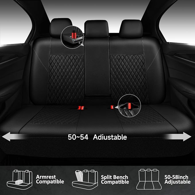 CAR PASS Quilting Faux Leather Seat Covers Full Set, Waterproof Deluxe Premium Seat Cover with 5mm Composite Sponge Inside, Airbag Compatible Auto Seat Cover Universal Fit for 95% Sedan SUV Van, Black