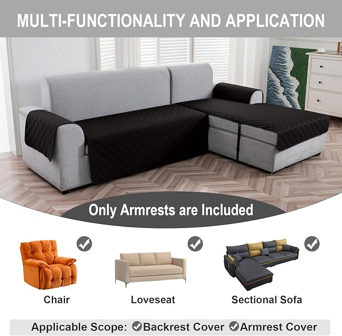 Genina Sofa Armrest Cover, Anti-Slip Armchair Slipcovers for Dogs Cats Pet, Water Resistant Couch Arm Cover for Backrest Recliner Loveseat, L Shaped Sofa, 23.6 x 27.5 Inches（2 Pieces）