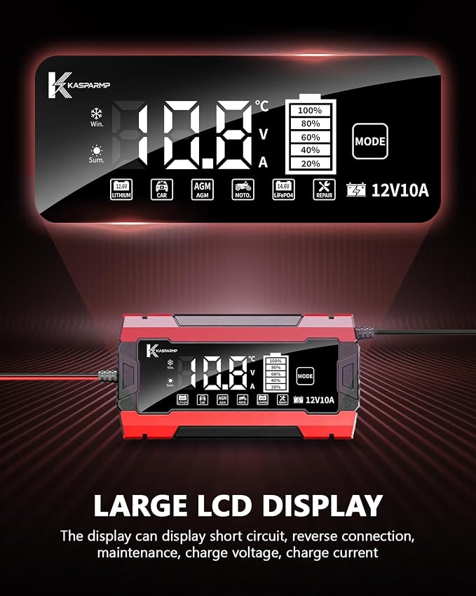 12V 10A Smart Battery Charger for Car and Motorcycle Battery Maintainer & Trickle Charger with Pulse Repair LCD Display Temperature Compensation for AGM Gel SLA Deep Cycle Lead Acid Batteries