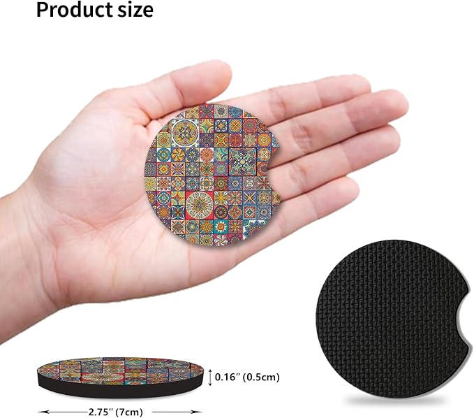 Boho Absorbent Neoprene Car Coasters, 2.75inch Mandala Style, 2 Pack Universal with Finger Slot