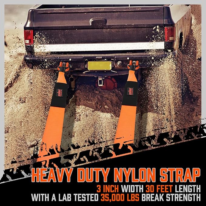 HORUSDY Nylon Heavy Duty Tow Strap Recovery Strap with Hooks 3" x 30Ft - 35,000 LBS Break Strength, 3/4 D Ring Shackles (2pcs), Recover Your Vehicle Stuck in Mud/Snow